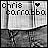 Pixelated grayscale icon with text 'chris carra.bba' and a heart symbol, featuring abstract shapes below the text.