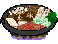 Four-frame animation of a black pot with food contents on fire, showing subtle frame-to-frame variations in flame and ingredient positioning.