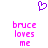 Purple pixelated heart symbol above two identical pink text blocks reading 'bruce loves me' on white background.