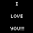 Pixelated text "I LOVE YOU!!!" displayed in four quadrants with alternating black and red backgrounds.