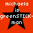 Red background with four identical black star icons, each containing white text reading "michaela is greenSTICK-green man" in pixelated font.
