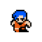 Pixelated character with blue hair and orange outfit in two poses against gray background.