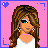 Pixel art contact sheet showing five animated frames of a female character with brown hair, white top, denim skirt, and strappy sandals against pink background with blue corner accents.