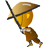 Pixelated figure in brown outfit with large golden helmet and black strap, standing against gray background.