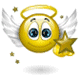 Animated yellow circular icon with white wings, blue eyes, golden halo, and star prop; small gold dots scattered around on white background.