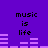 Purple background with pixelated text 'music is life' and animated audio equalizer bars in light purple.
