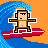 A 5x5 contact sheet of pixel art frames showing a cartoon monkey surfing on a red board against an orange background with blue waves, including text bubbles and motion effects.