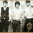 A static pixelated image shows multiple figures in dark suits against a light background with a brown border.