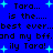 Blue background with black pixelated text repeating 'Tara... is the.... best ever...best ever...and my bff.and my bff. illy Tara! illy Tara!' and light blue star shapes scattered throughout.