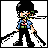 Pixel art character with black hair and green eyes holds two swords, wearing blue shirt with red accents and black pants against gray background.