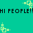 Pixelated cyan background with repeated black text 'HI PEOPLE!HI PEOPLE!' and yellow square-based animated icons.