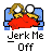Pixel art animation of two cartoon figures in bed with red blanket, text "Jerk Me Off" below.
