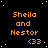 Pixelated orange text on black background with white stars, repeating 'Sheila and Nestor' with '(33)' below each instance, one gray rectangle in bottom-right corner.
