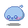 Two pixelated blue blob characters with pink accents, one with a bubble above its head, both standing on gray shadows against a light gray background.