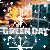 Green Day band logo with fiery background and white plus signs on dark blue water-like surface.
