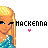 Pixel art of a blonde woman in blue dress with 'MACKENNA' text and heart symbol, showing animation changes between pink and blue hearts.