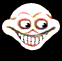 Pixelated white cartoon face with exaggerated red-lined eyes and mouth, showing multiple expressions including wide grins, tongue-out, and varied eye positions against black background.