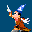Pixelated wizard character in brown robe with blue hat casts spell, emitting yellow and orange particles across four