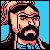 Pixelated static icon of a bearded man with glasses against blue background, featuring pink and black color scheme with visible dithering effects.