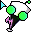 Pixelated character with white head, green circular eyes, and black antenna tip; pink bow on dark body holding two large green spheres near blue triangular flags.