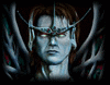 A digital portrait of a humanoid figure with pale blue skin, brown hair, and a metallic headpiece, set against a dark background with abstract branching shapes.