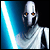 Pixelated image of a humanoid figure with smooth white skin, brown eyes, and dark facial markings against a blue-to-black gradient background.
