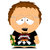 Pixelated character with light brown hair, wide eyes, and a small mouth wearing a black sleeveless shirt with red and white stripes over green pants.