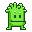 Four pixel art frames of a green creature with dark eyes and mouth, showing head rotation from left to right against gray background.