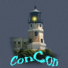 A lighthouse on a small island with greenery, featuring a glowing light that changes intensity and color , with 'ConCon' text below in cyan