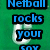 Pixelated blue text on black outlines reads 'Netball rocks your say' over a green background with a white pixelated shape.