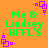 Pixelated orange background with green text reading "Me & Lindsey BFFL's" and purple square corner decorations.
