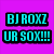 Static pixel art icon with cyan text on black outlines against a solid purple background, displaying two lines of stylized uppercase letters.