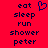 Red background with dark blue pixelated text listing eat sleep run shower peter on both sides and a heart symbol above the left