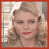 A woman with blonde curly hair and red lipstick appears in three distinct facial expressions across a