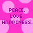 Pixelated text on a pink background with light pink circles, repeating 'PEACE. LOVE. HAPPINESS.' in purple letters.