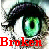A contact sheet of two animated frames showing a close-up of green eyes with black eyelashes and eyebrows, each frame containing red text below the eyes.