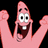 Pixelated cartoon character with pink skin, raised arms, and wide eyes on a black background; green text reads 'Patrick stole my heart with that face!' on pink.