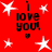 Red background with white stars and repeated black text "i love you!" accompanied by small heart symbols.