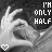 Black-and-white animated icon showing hands forming a heart shape with text "I'M ONLY HALF" and small hearts, transitioning from clear to pixelated.