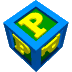 A blue cube with green faces displaying yellow 'P' letters rotates in a of identical cubes against a gray background