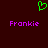 Green pixelated heart symbol above two instances of the name 'Frankie' in purple text on a dark red background.