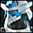 Animated icon of a blue and white armored figure with a helmet, holding a weapon, against a dark background.