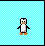 Pixelated penguin icon with black and white body, orange feet, brown beak, and yellow chest patch on light blue checkered background.