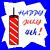 Pixelated icon with red-and-white striped firework, blue 'HAPPY' text, red 'JULY', and blue '4th!' on white background with blue or red border.