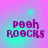Pixelated text 'pooh rocks' in purple on a gradient background shifting between pink and cyan hues.