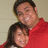 Two people in red clothing pose together against a light background; the right image shows red text overlaid on their faces.