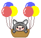 Pixel art of a gray cat-like character in a brown basket with red, yellow, and blue balloons, showing three distinct facial expressions across frames.