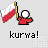 Pixelated character in red shirt holding Polish flag with 'kurwa!' text below, displayed on light gray background.