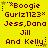 Yellow background with dark red pixelated text and small star icons, arranged in a pattern