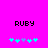 Pixelated text 'RUBY' above two of cyan and purple star-like symbols on a bright pink background